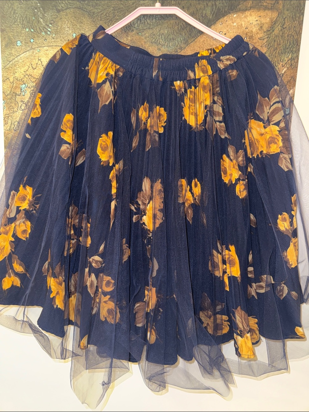 Navy Yellow Rose 3 Tier Tulle Midi Skirt